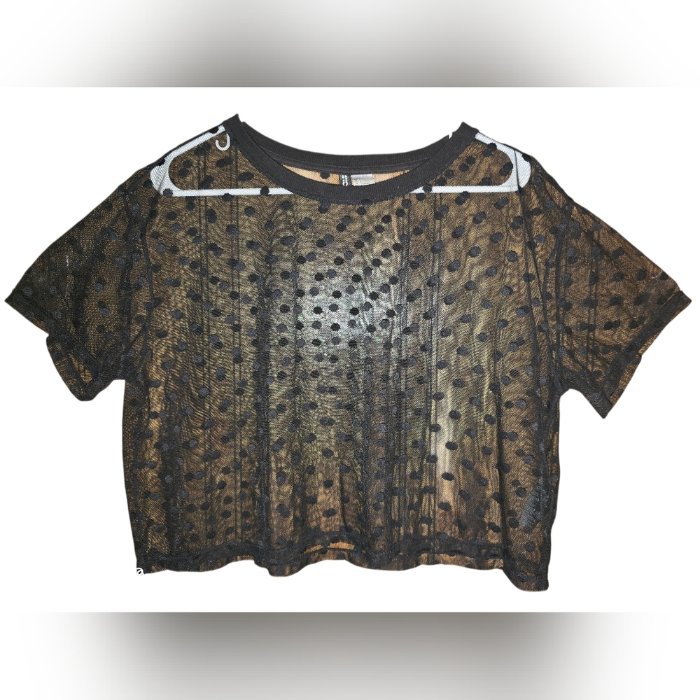 Divided Black Sheer/See Through Polka Dot Crop Top Size Large